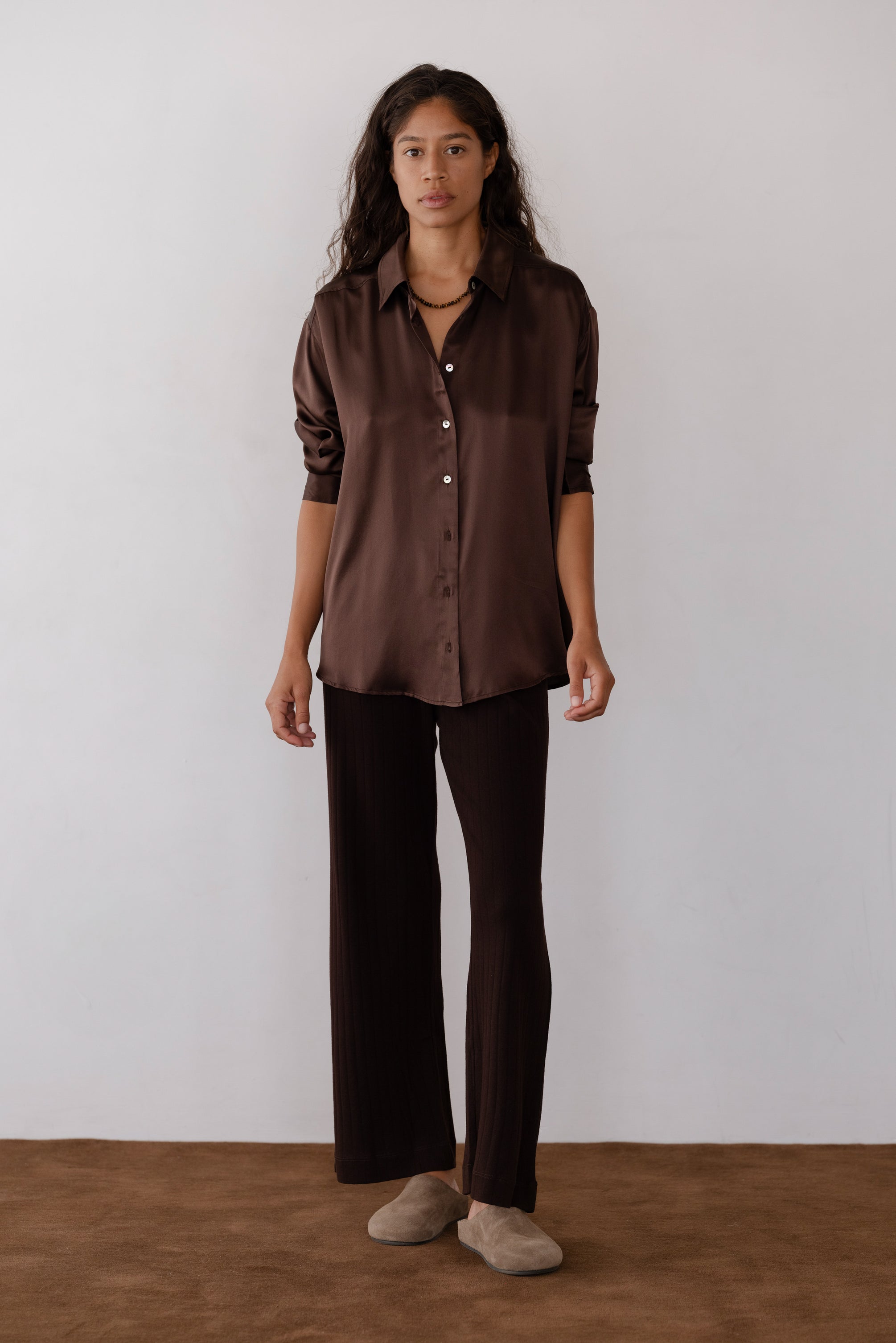 brown dress shirt black pants The Silk Shirt
