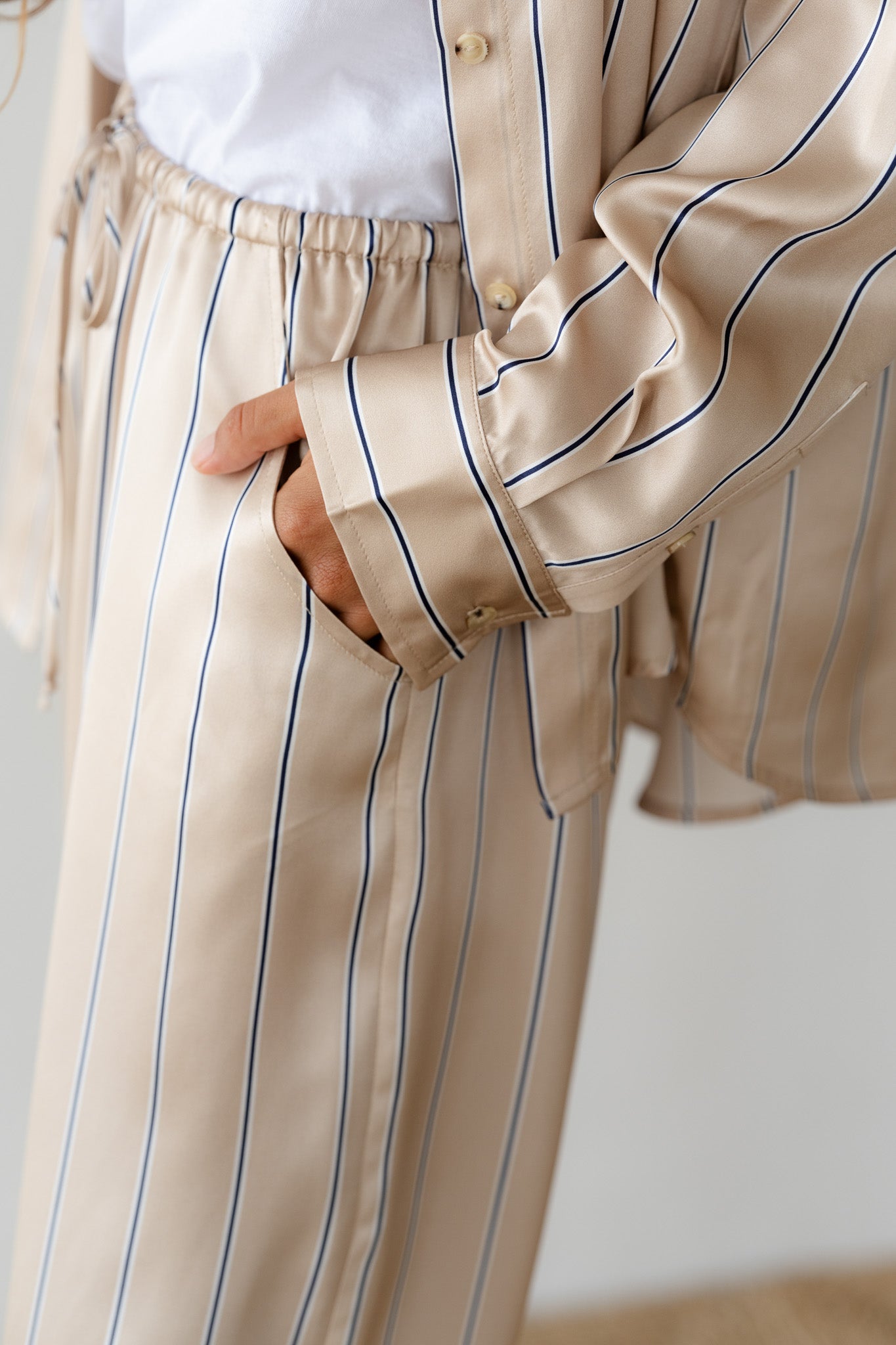 The Silk Pinstripe Drawstring Pant - Sand-Pinstripe / XXS