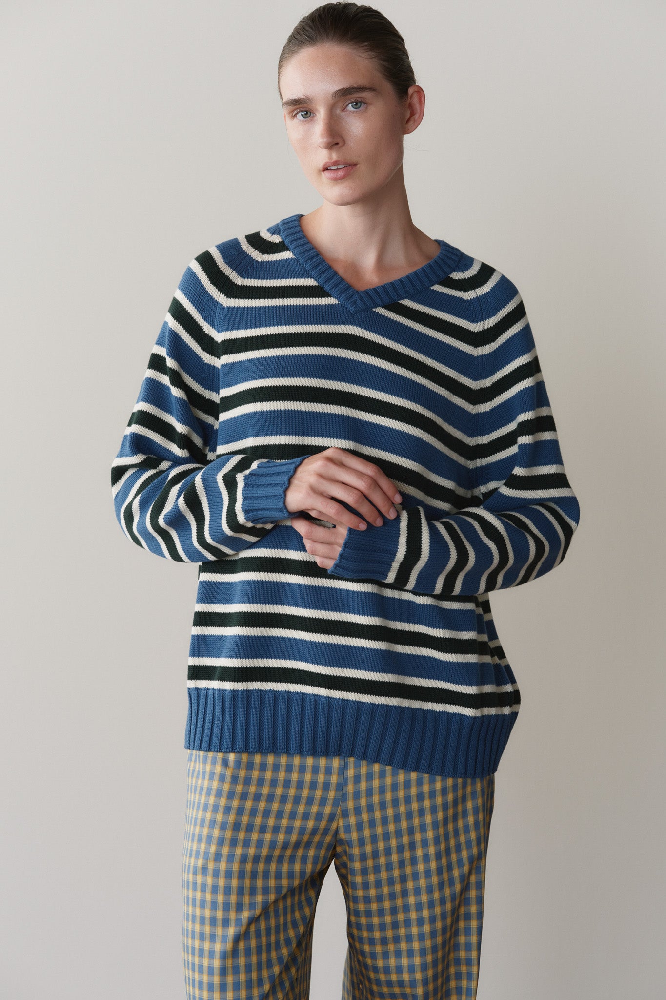The Cotton Knit Stripe V-Neck Sweater