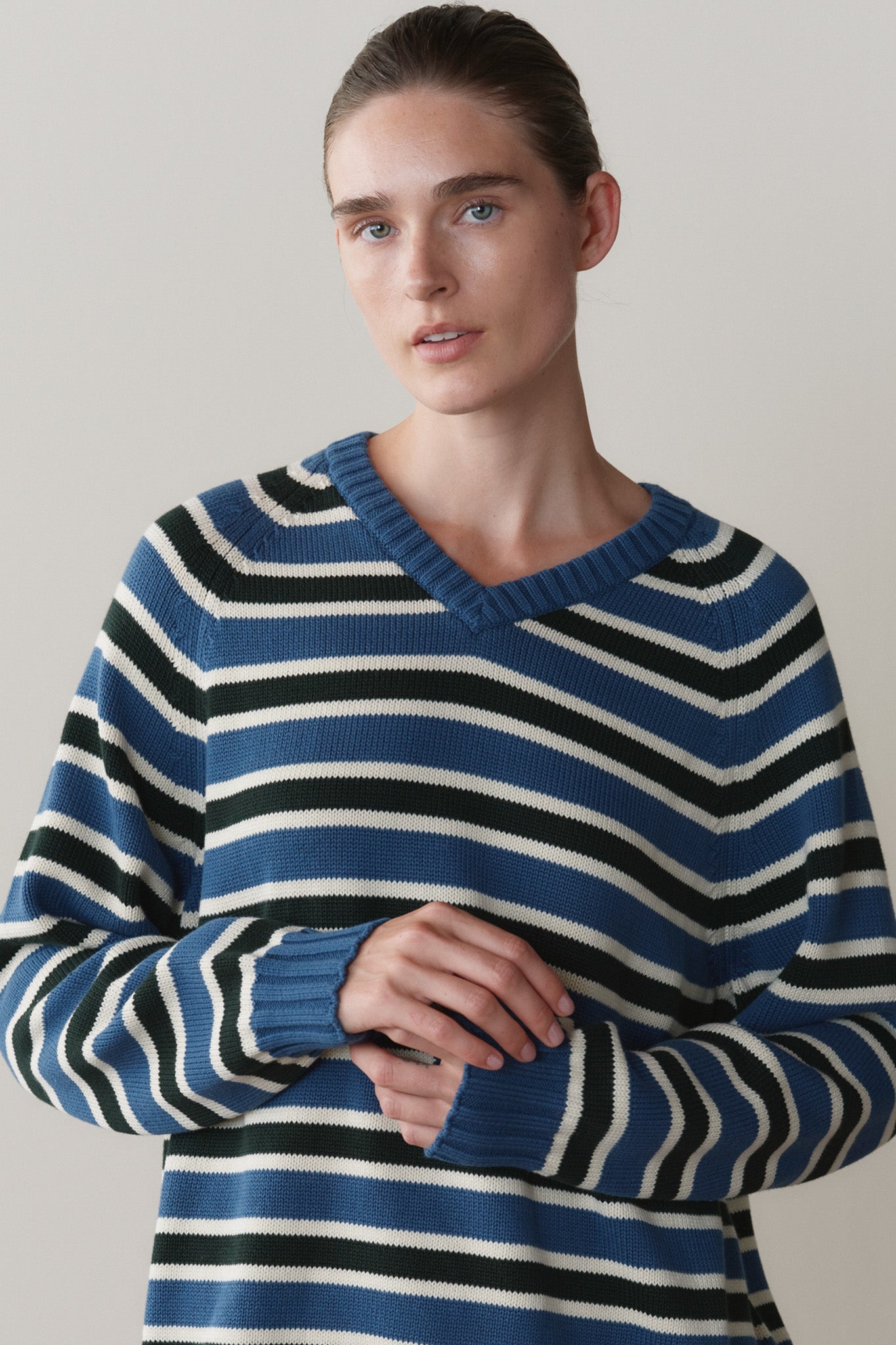 The Cotton Knit Stripe V-Neck Sweater