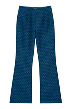 Blue patterned pants on a white background