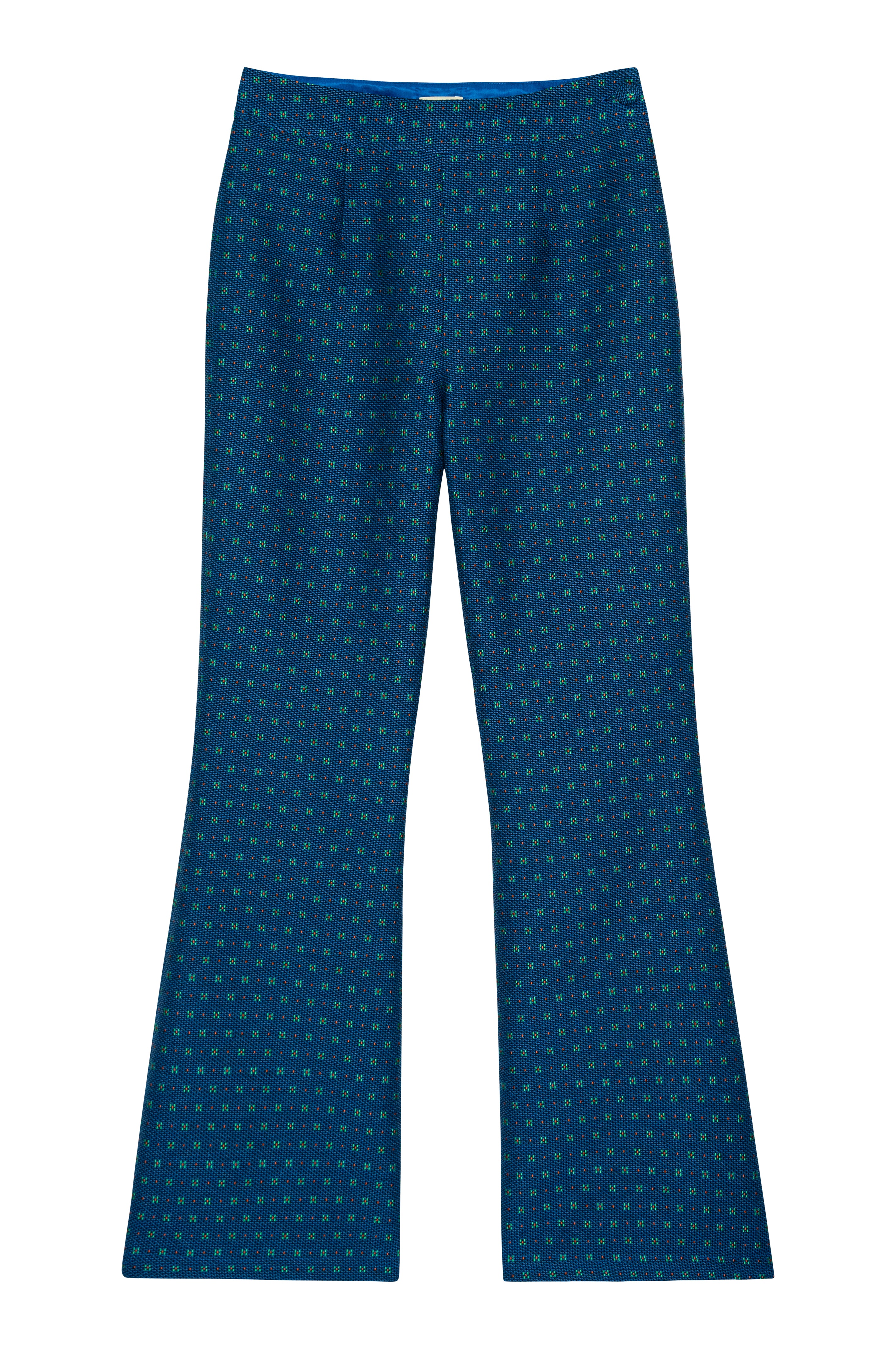 Blue patterned pants on a white background