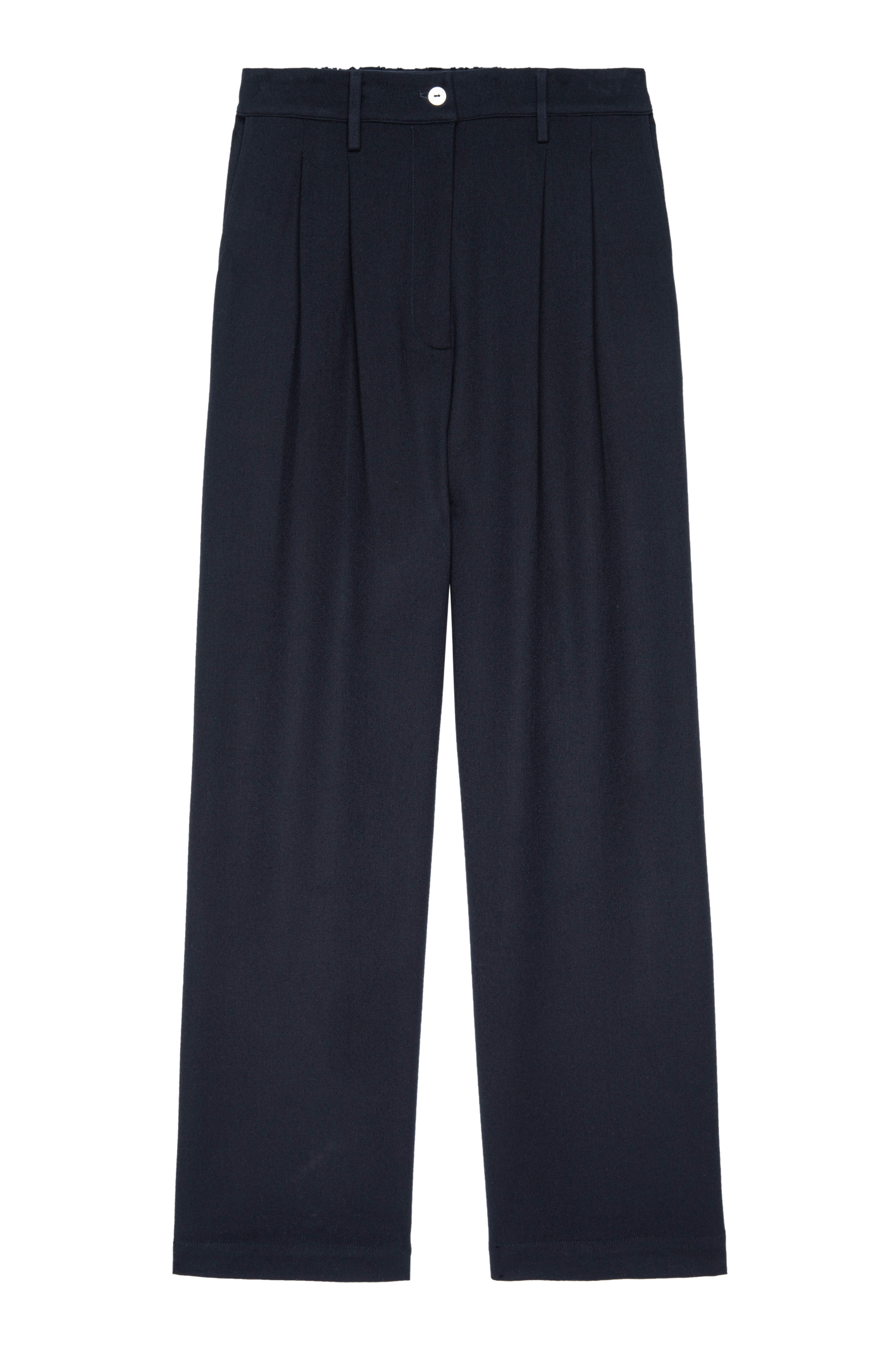 Black pleated pants on a white background