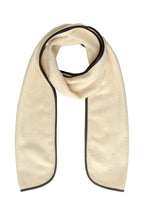 Creme scarf with black trim on a white background