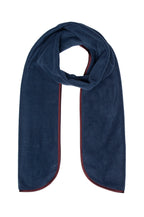 Navy blue scarf with a red trim on a white background