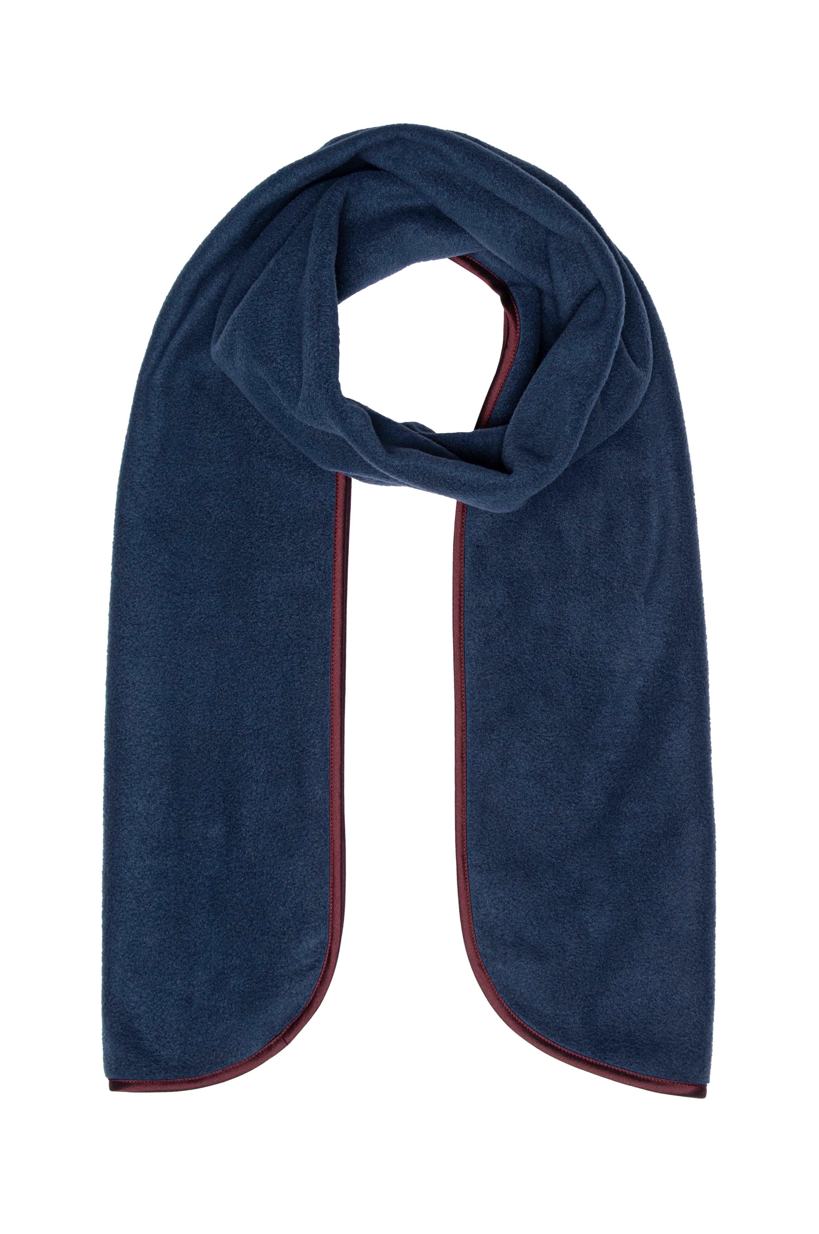 Navy blue scarf with a red trim on a white background