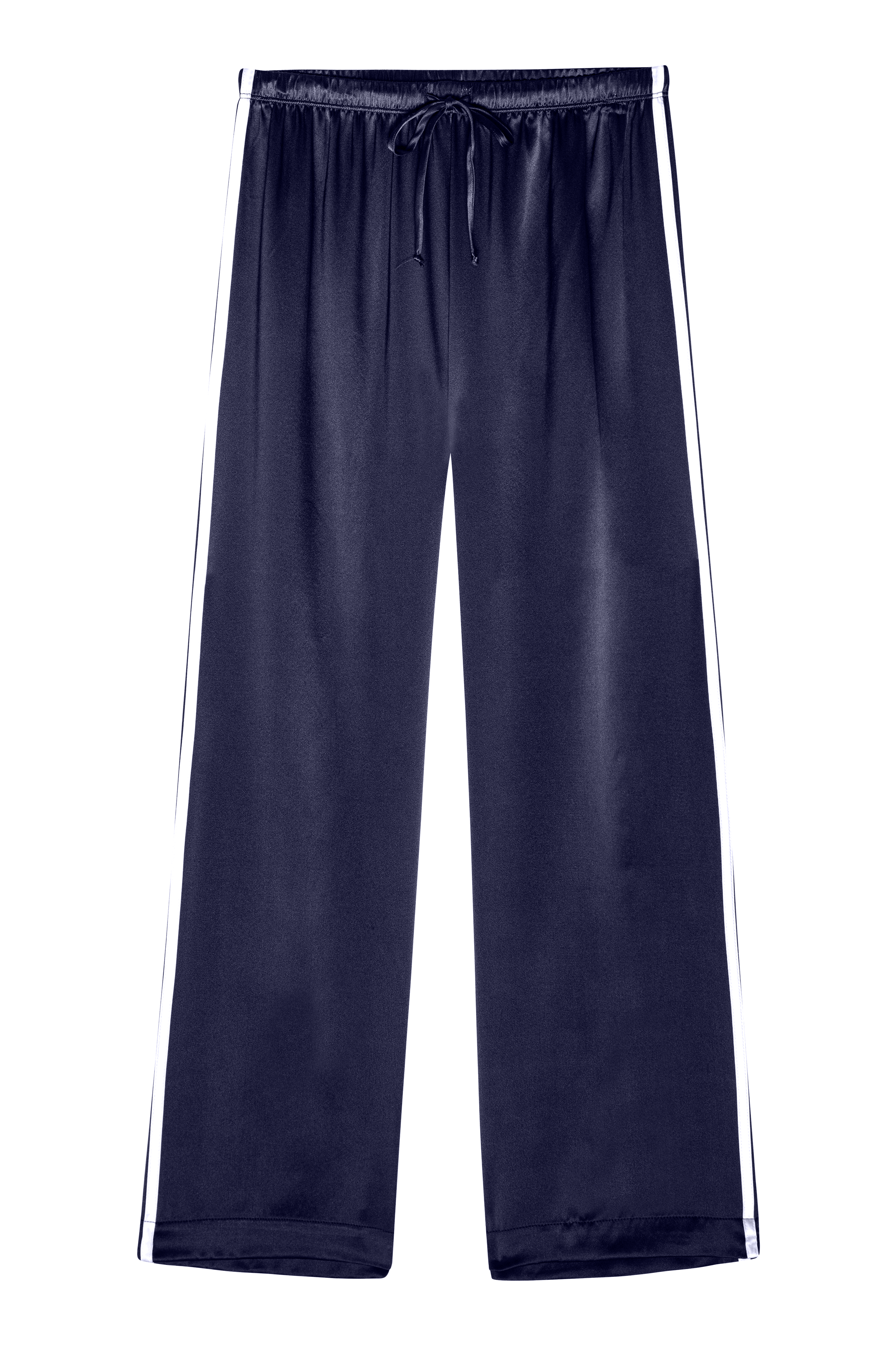 Navy blue satin pajama pants with a white stripe on a white background.
