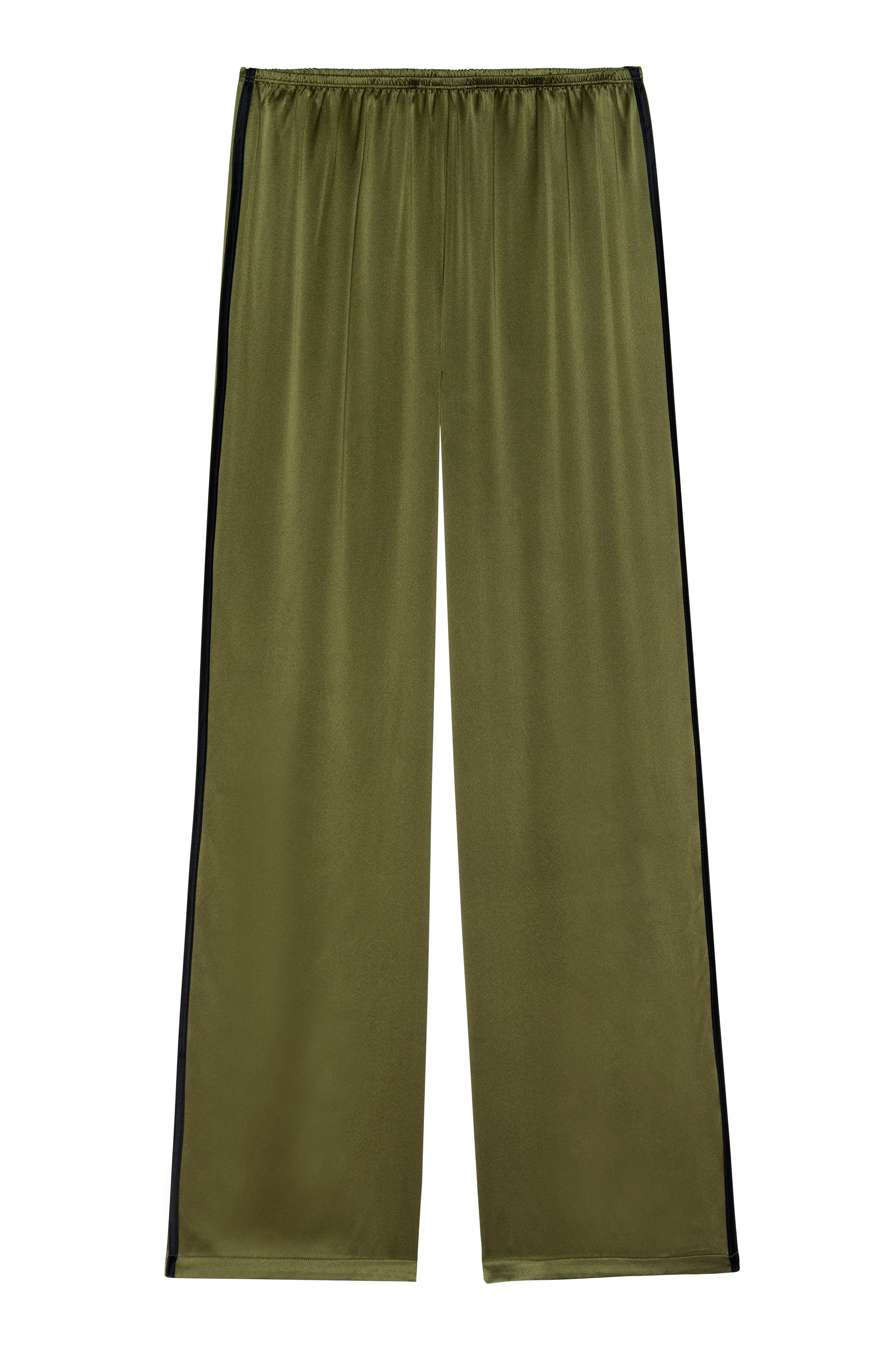 Green satin pants on a white background